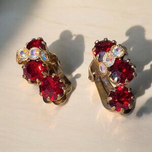 Vintage Gold Tone Clip on Earrings Round Red and Clear Stones Prongs Classic